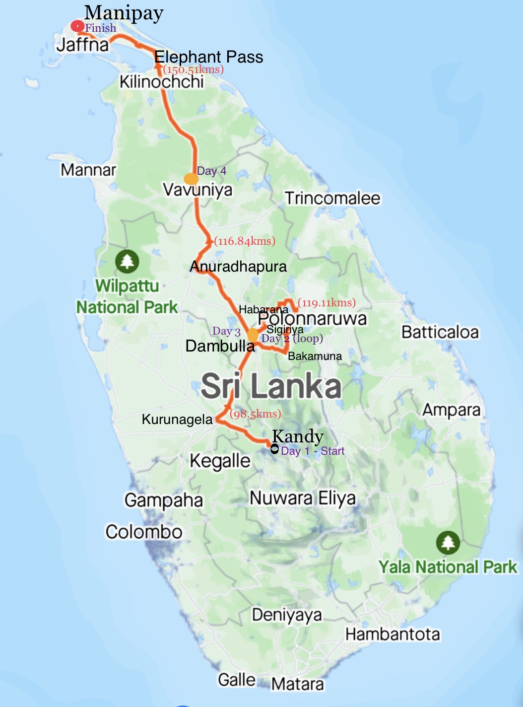 map of the route through Sri Lanka