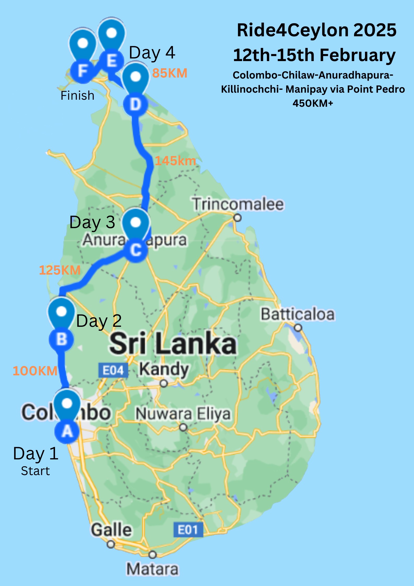 map of the route through Sri Lanka