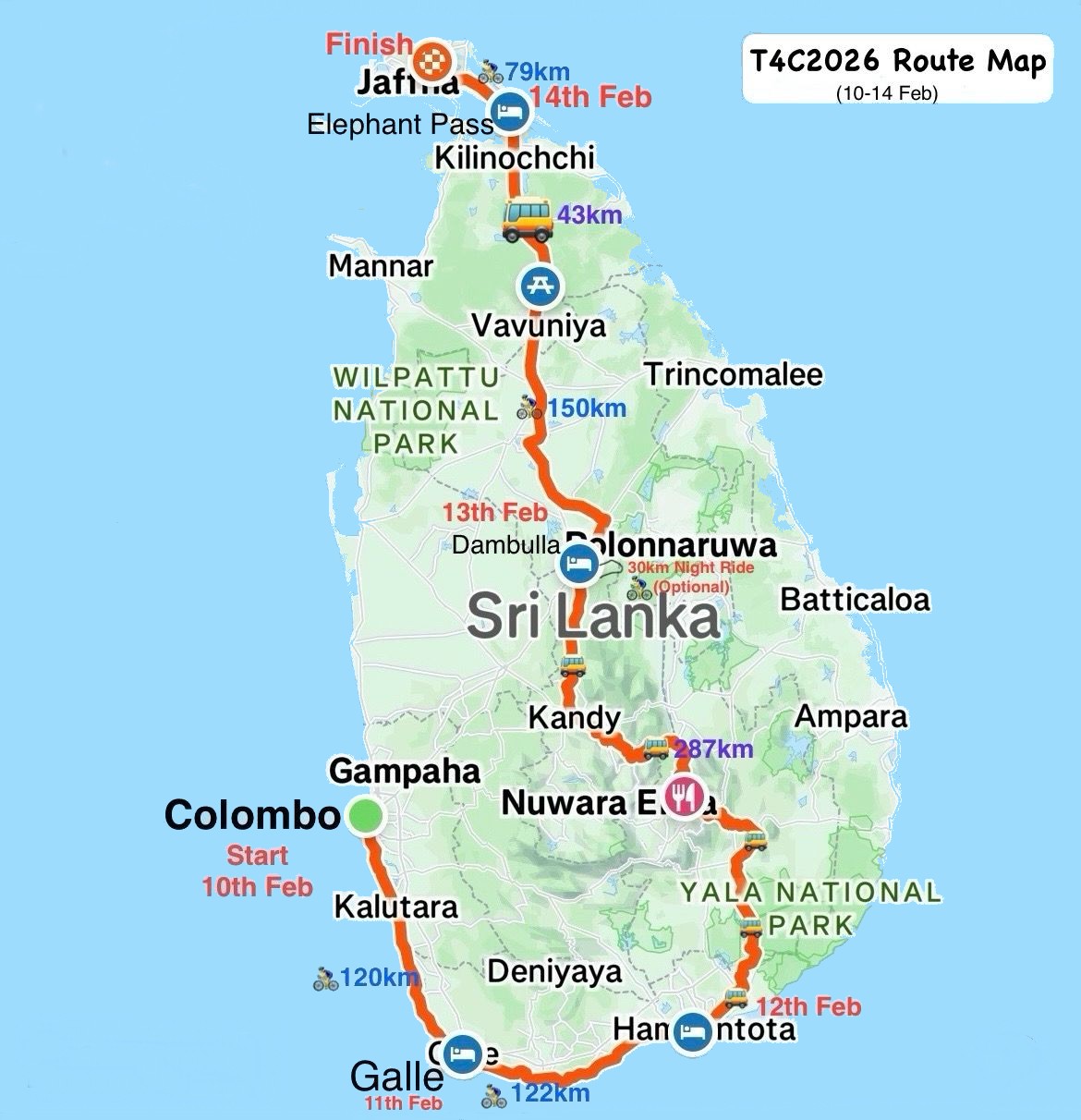 map of the route through Sri Lanka